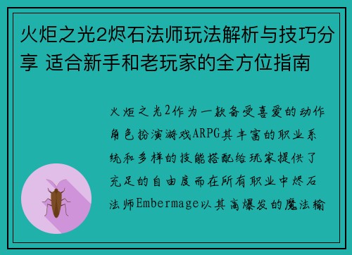 火炬之光2烬石法师玩法解析与技巧分享 适合新手和老玩家的全方位指南